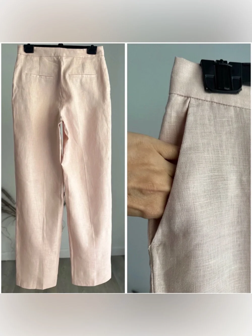 ZARA 100% Linen Straight Leg Pants Beige Pink High Waist S–XS - Picture 3 of 8